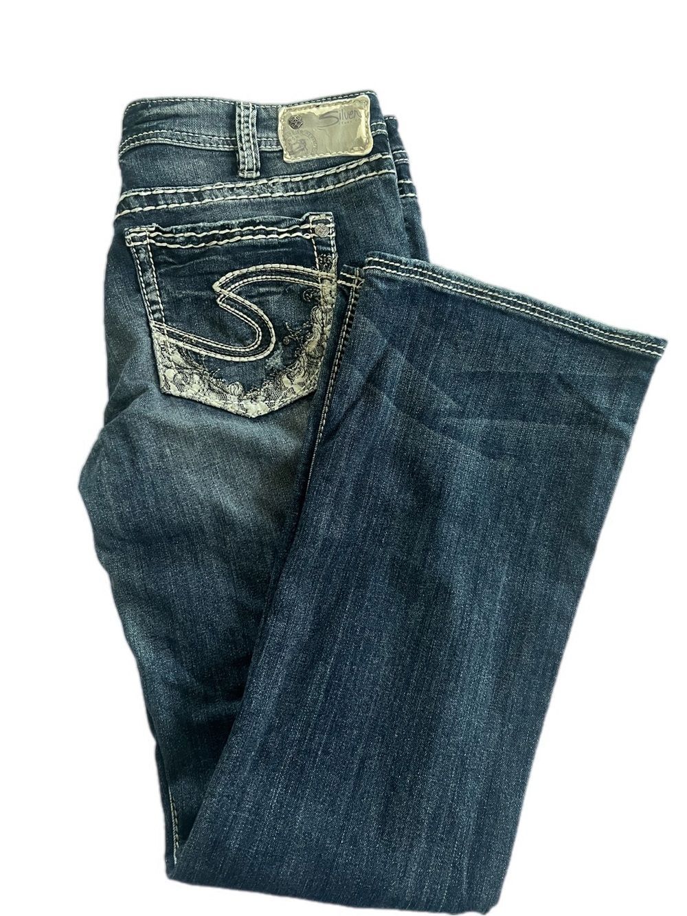 Silver Jeans Aiko Dark Indigo Bootcut Destructed Jeans Embroidered Back Pocket